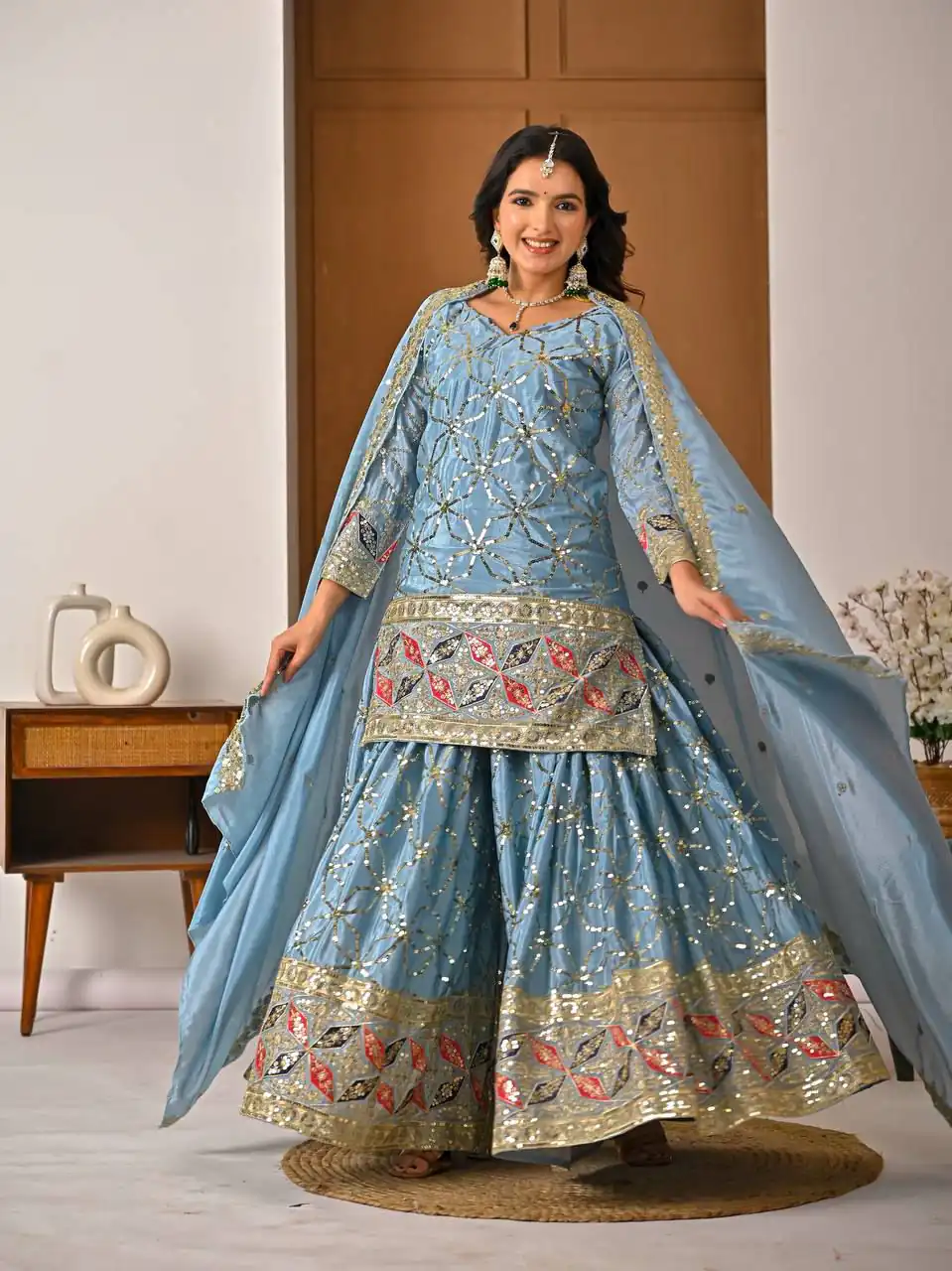Aglow Sky Blue Chinon Silk Embroidery Work Salwar Suit - Image 4