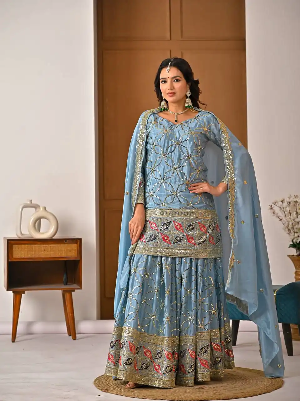 Aglow Sky Blue Chinon Silk Embroidery Work Salwar Suit - Image 2