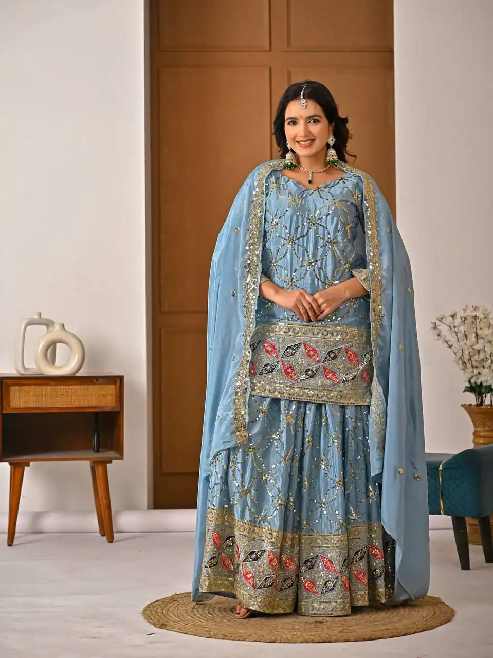 Aglow Sky Blue Chinon Silk Embroidery Work Salwar Suit