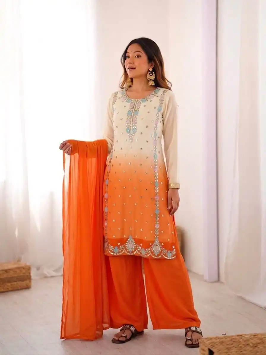 Amazing Orange Faux Georgette Embroider Work Salwar Suit - Image 2