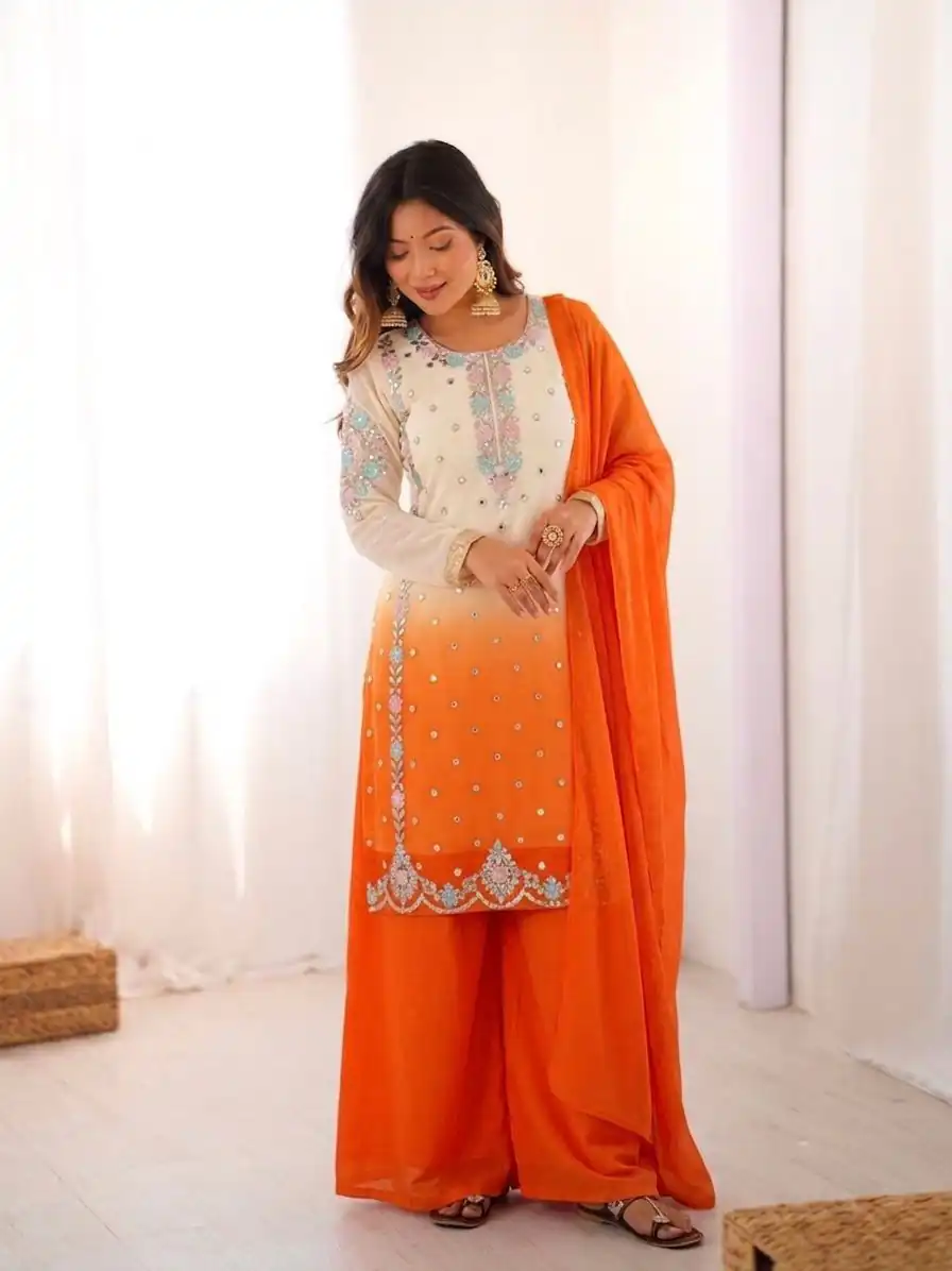 Amazing Orange Faux Georgette Embroider Work Salwar Suit