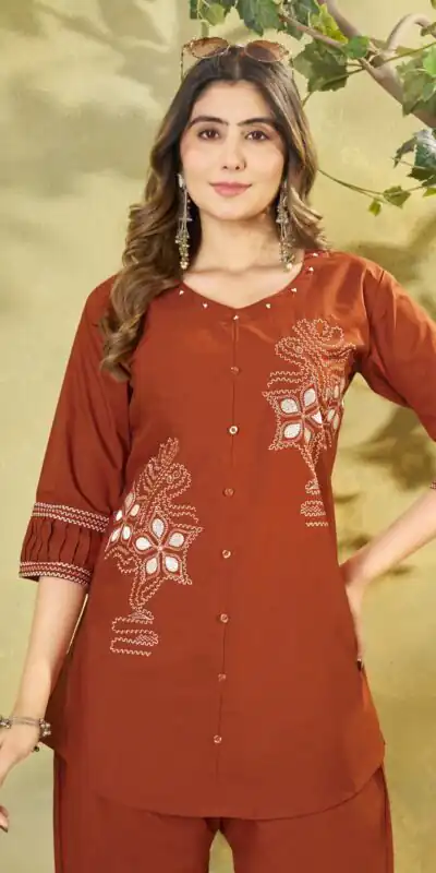 Alternative view of Beautiful Rust Pure Cotton Multi Thread Work Kurti