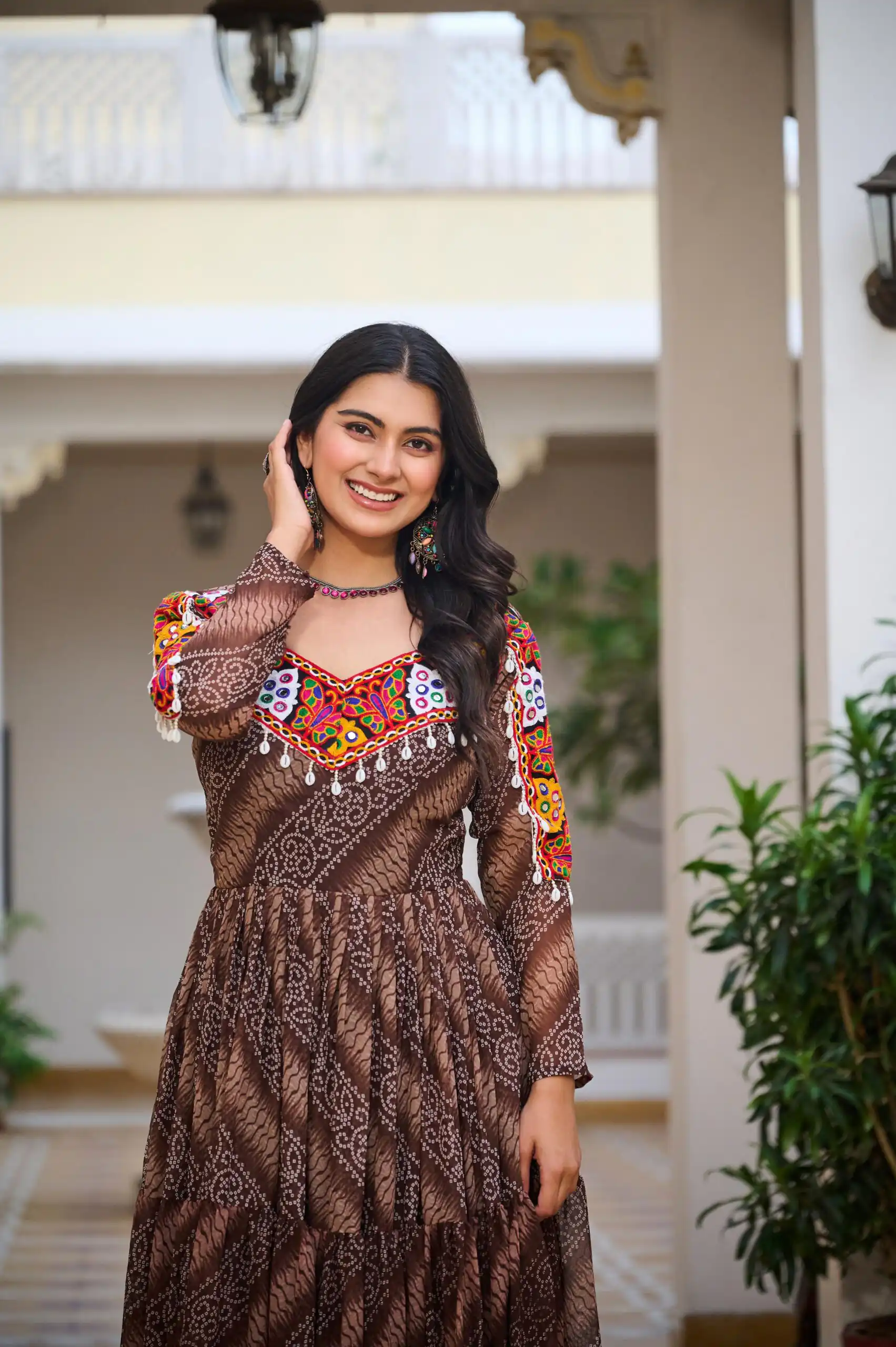 Cool Brown Faux Georgette Mirror Work Gown - Image 4