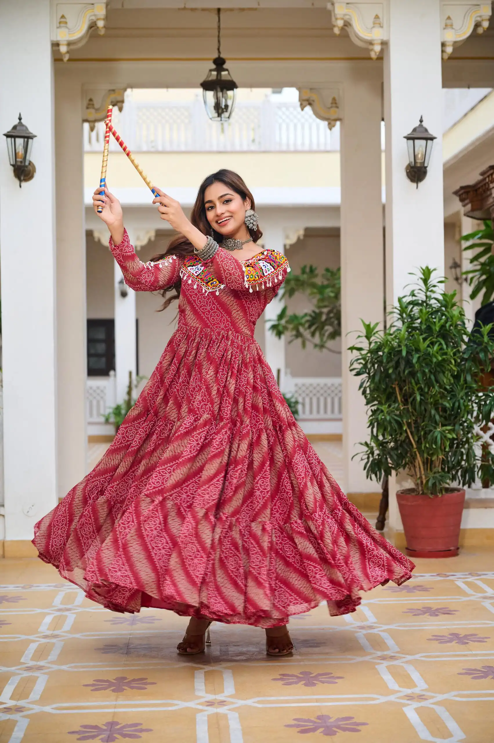 Cool Red Faux Georgette Mirror Work Gown - Image 4