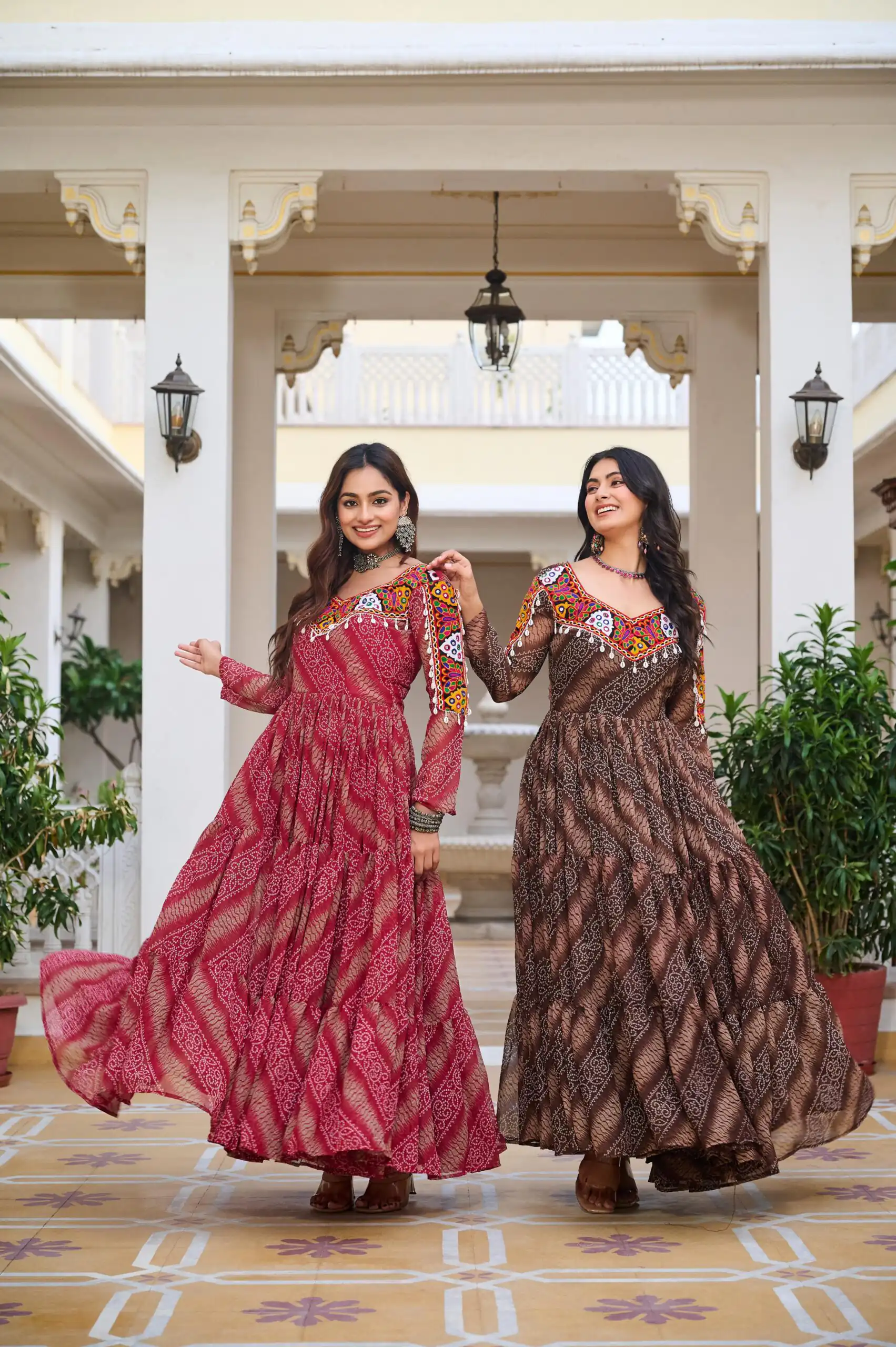 Cool Red Faux Georgette Mirror Work Gown - Image 5