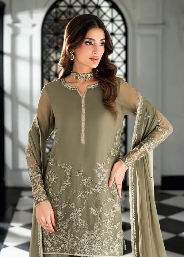 Cool Sage Green Faux Georgette Sequence Work Salwar Suit - Image 3