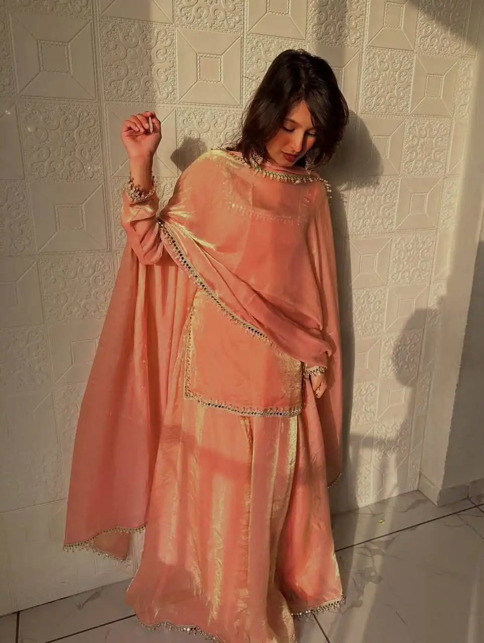 Elegant Peach Fandy Silk Embroidery Work Salwar Suit - Image 6