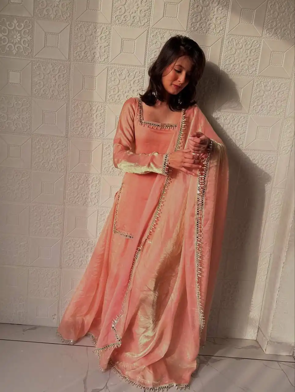 Elegant Peach Fandy Silk Embroidery Work Salwar Suit - Image 5