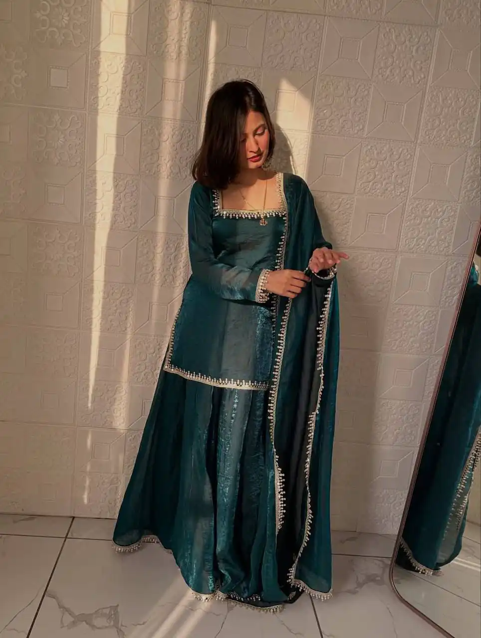 Elegant Teal Fandy Silk Embroidery Work Salwar Suit - Image 3