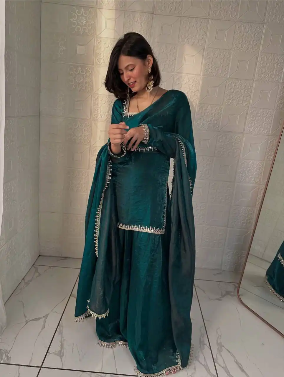 Elegant Teal Fandy Silk Embroidery Work Salwar Suit - Image 2