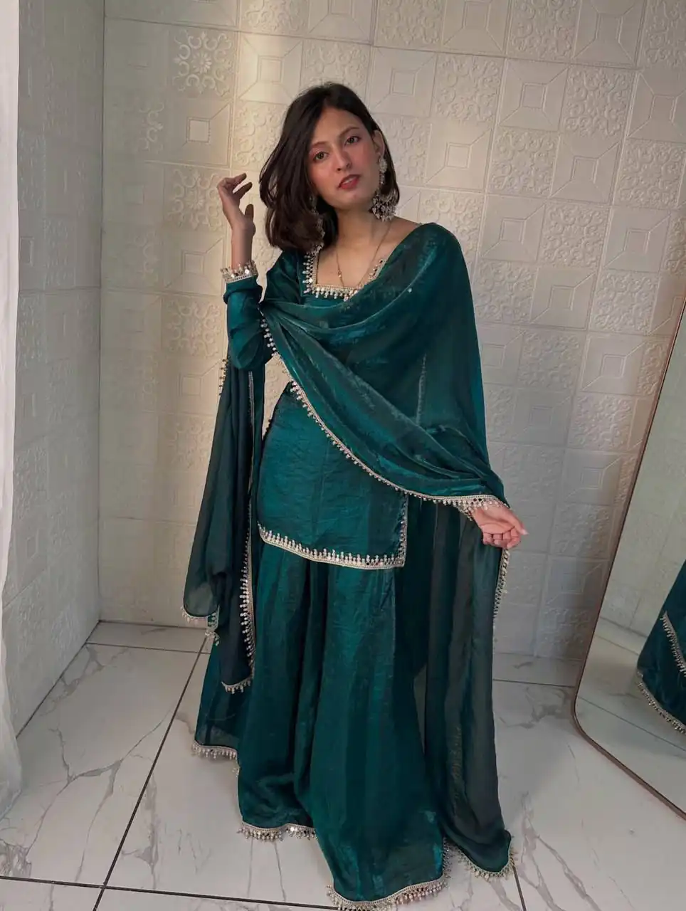 Elegant Teal Fandy Silk Embroidery Work Salwar Suit