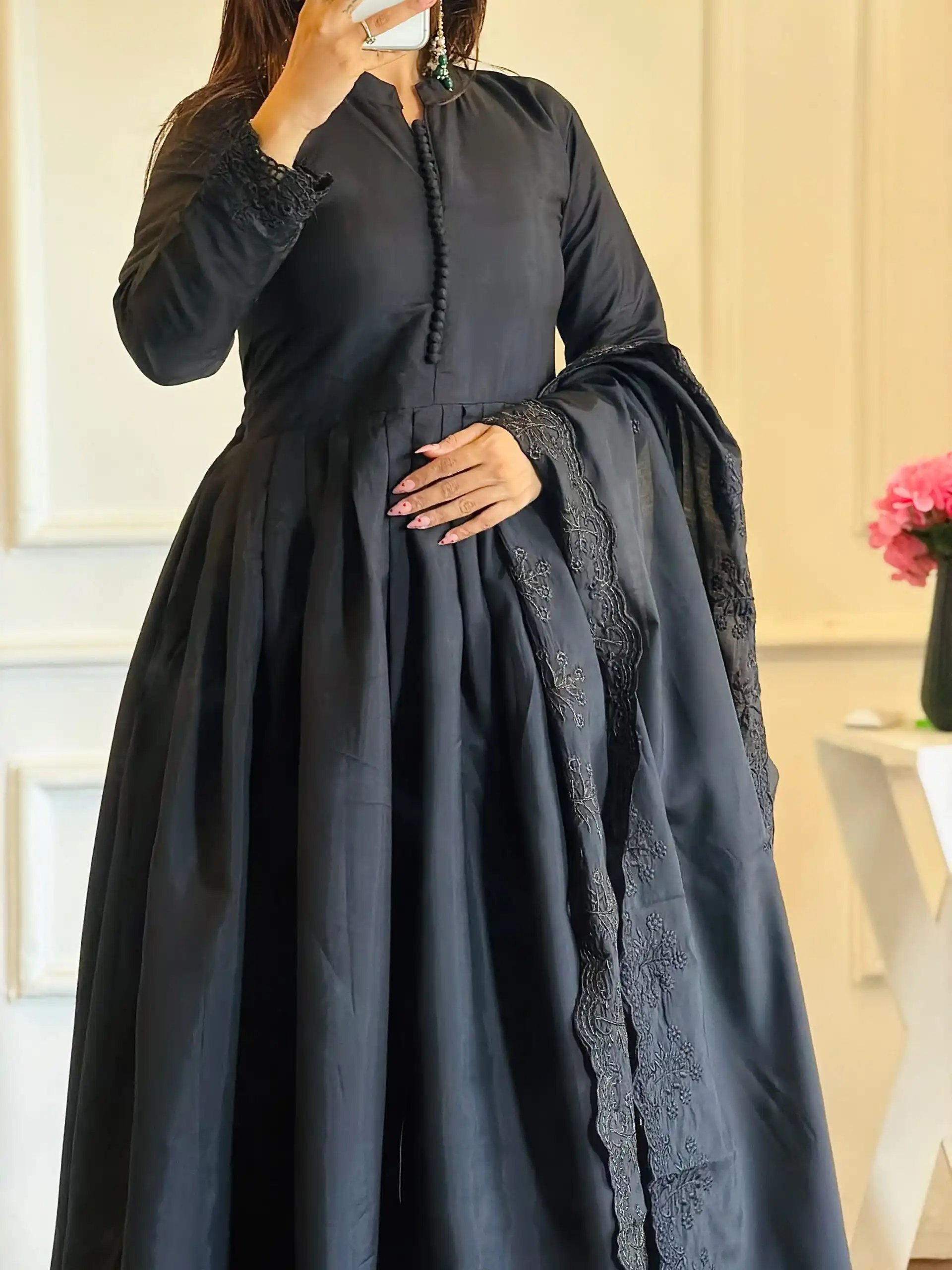 Fancy Black Roman Silk  Embroidery Cut Work Gown