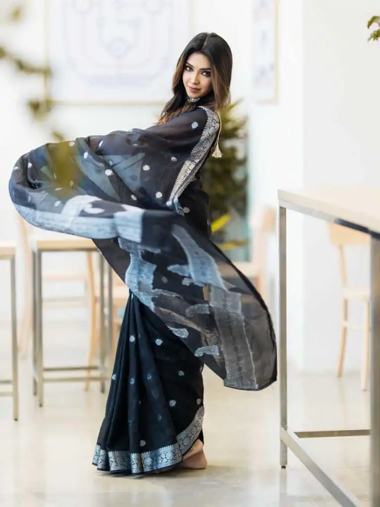 Fancy Black Soft Lilan Slab Jacquard Work Saree - Image 2