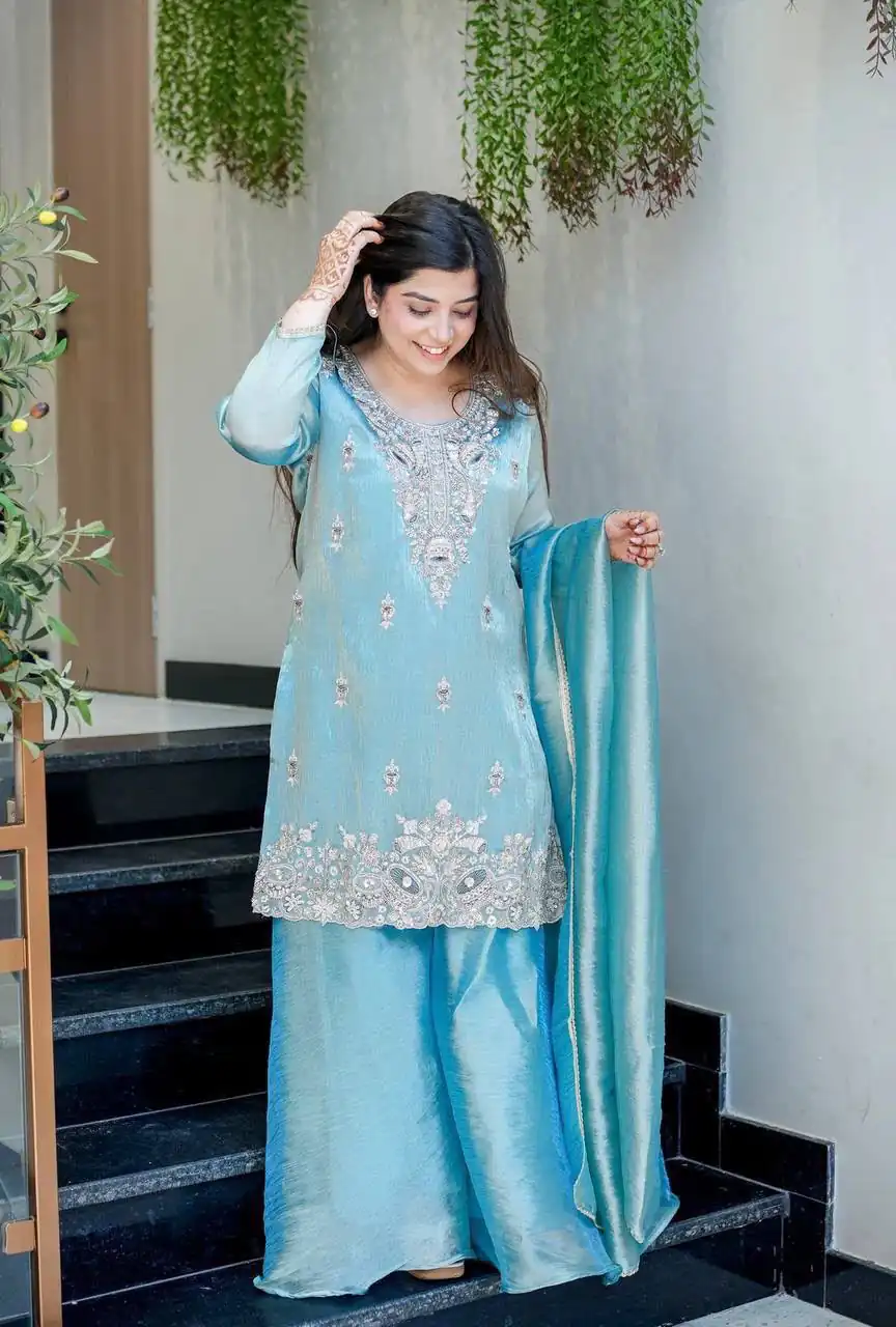 Fancy Blue Fandy Satin Embroidery Work Salwar Suit - Image 4