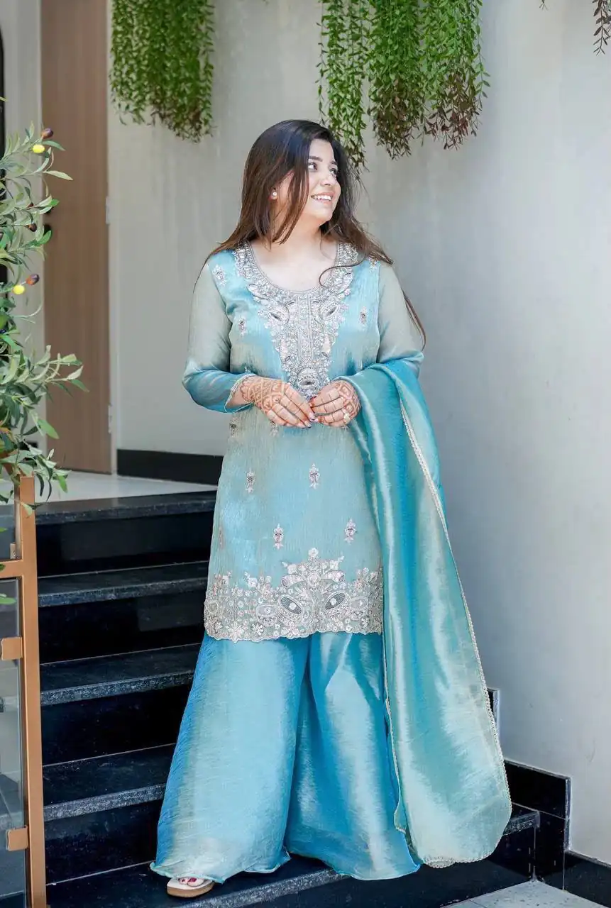 Fancy Blue Fandy Satin Embroidery Work Salwar Suit