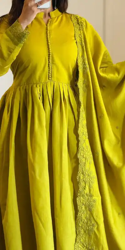 Alternative view of Fancy Lime Yellow Roman Silk Embroidery Cut Work Gown