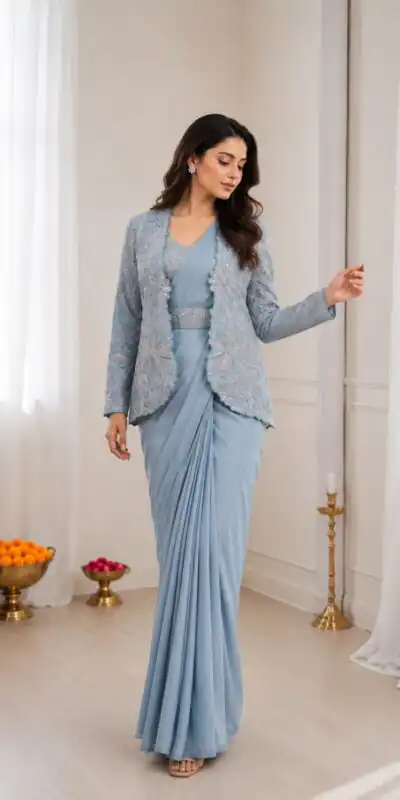 Alternative view of Fancy Powder Blue Crap Silk Embroidery Work Saree