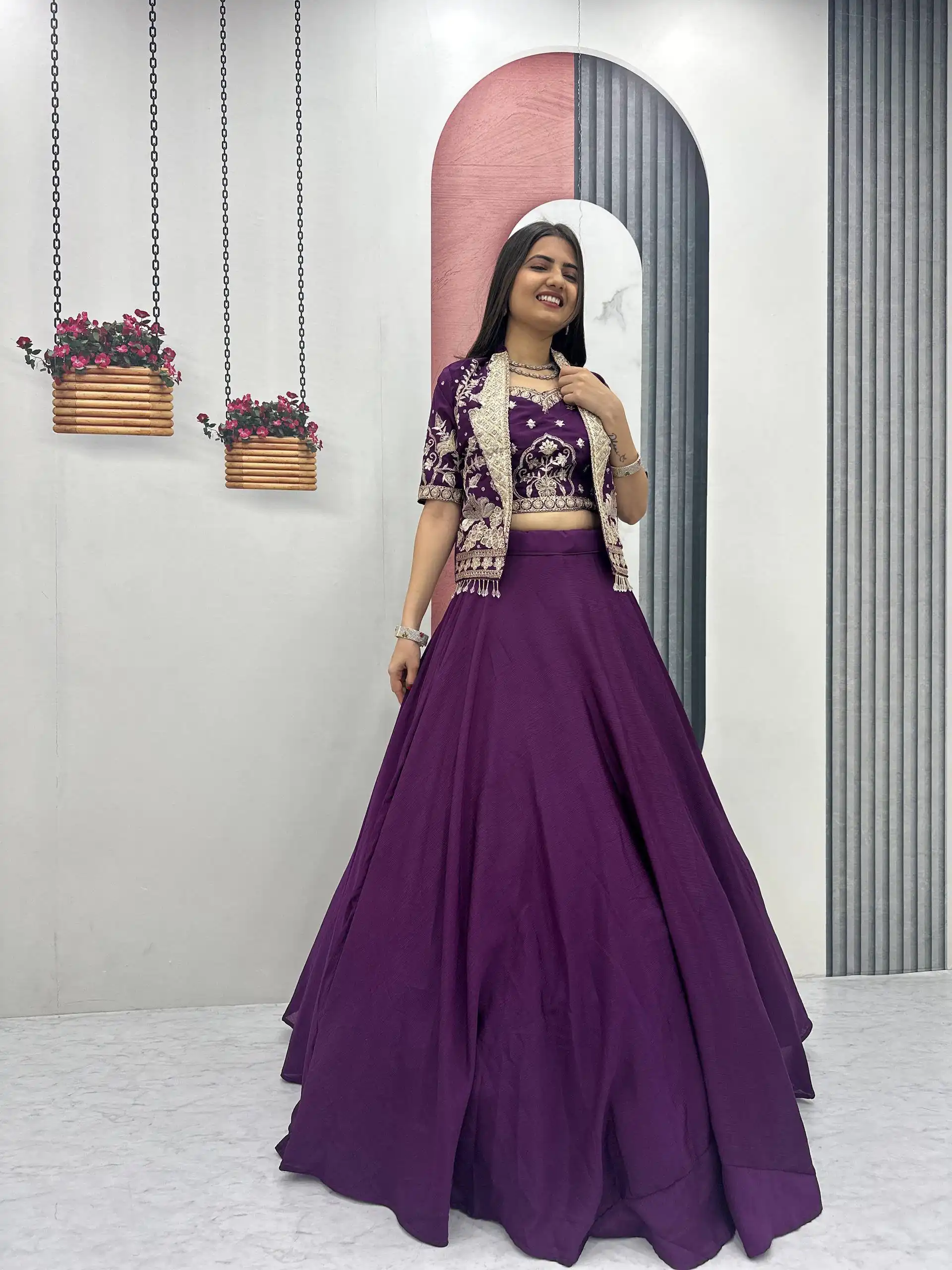 Fancy Purple Chinon Embroidery Work Lehenga Choli