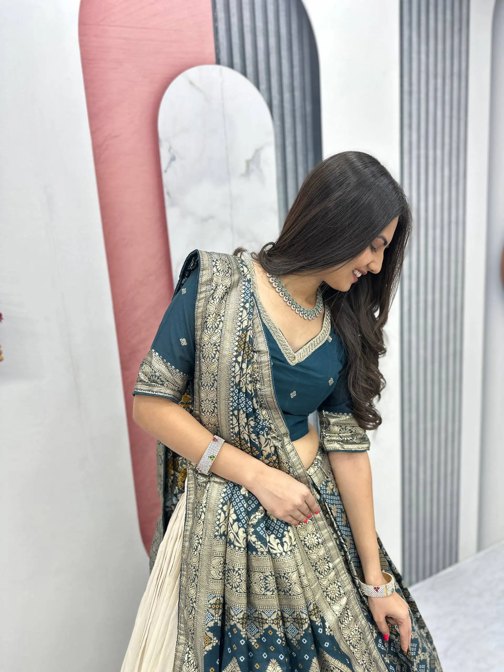 Fancy Teal Jacquard Silk Moti Work Lehenga Choli - Image 4