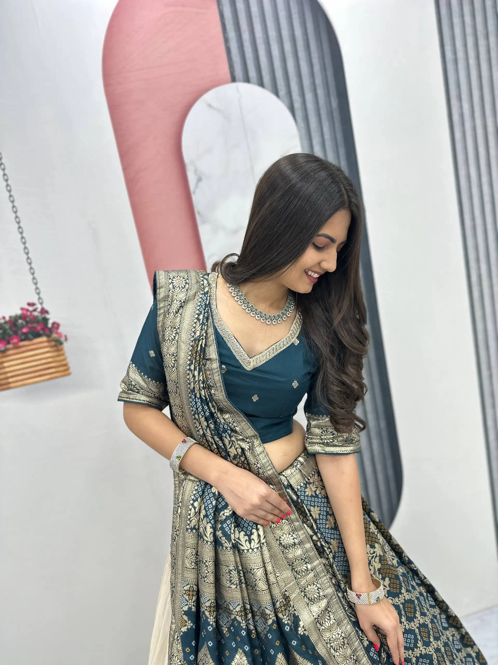 Fancy Teal Jacquard Silk Moti Work Lehenga Choli - Image 3