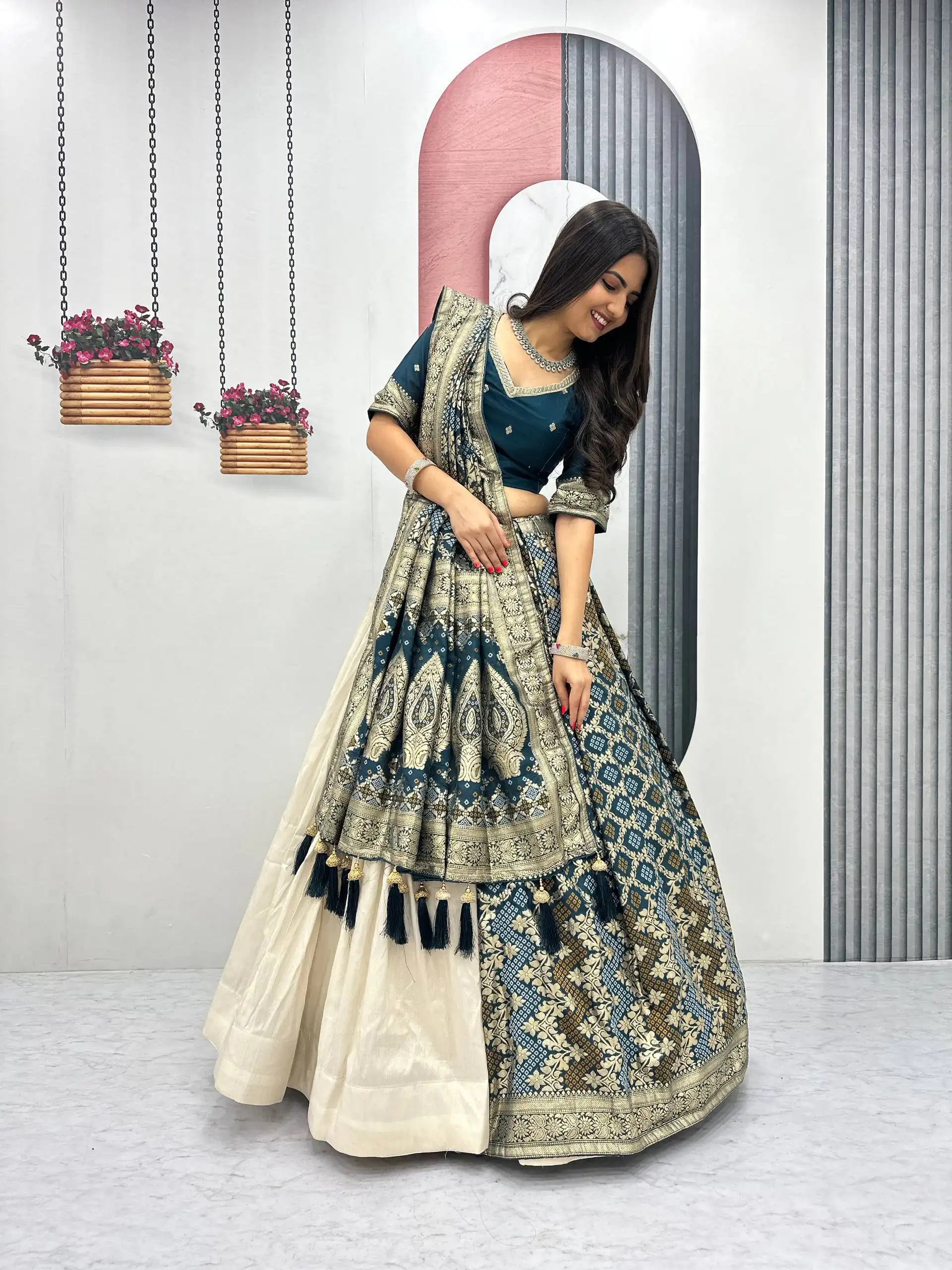 Fancy Teal Jacquard Silk Moti Work Lehenga Choli - Image 2