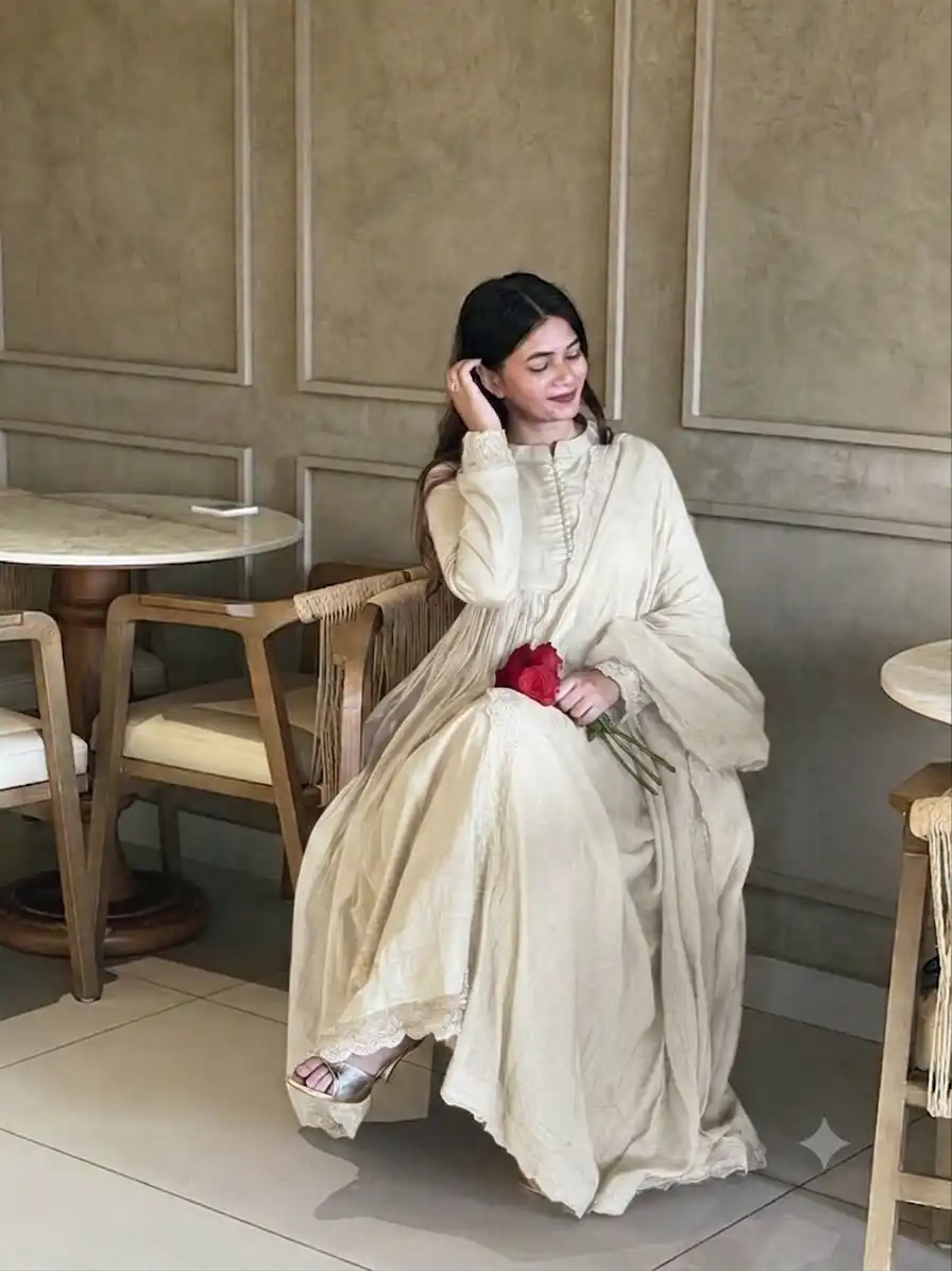 Fancy White Roman Silk  Embroidery Cut Work Gown - Image 4