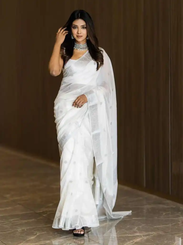 Fancy White Soft Lilan Slab Jacquard Work Saree