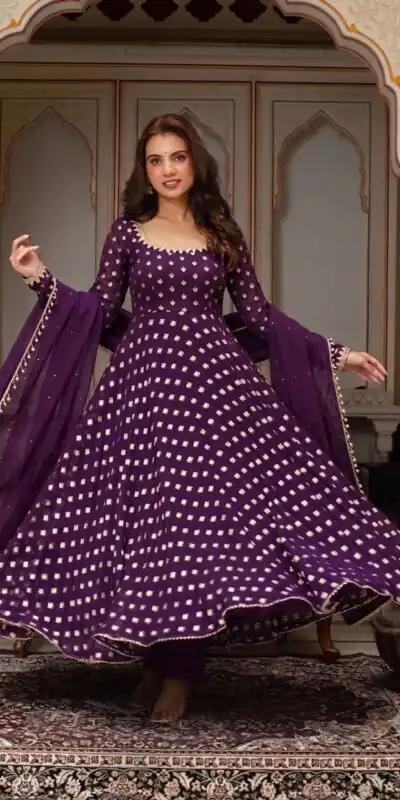 Alternative view of Fancy Wine Chanderi Jacquard Butti Mirror Work Anarkali Suit