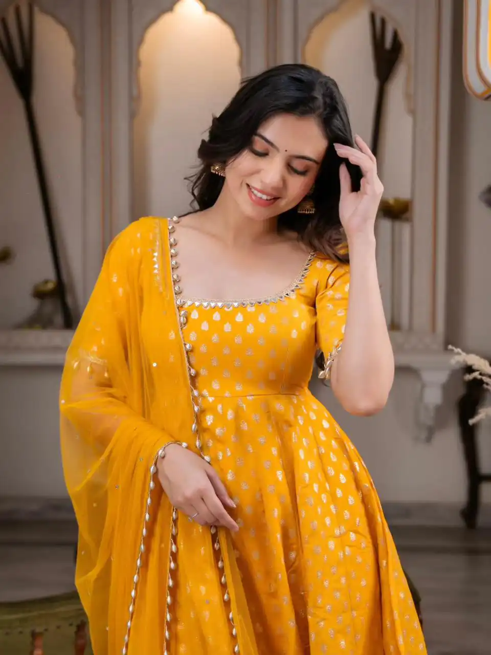 Fancy Yellow Chanderi Jacquard Butti Mirror Work Anarkali Suit - Image 3