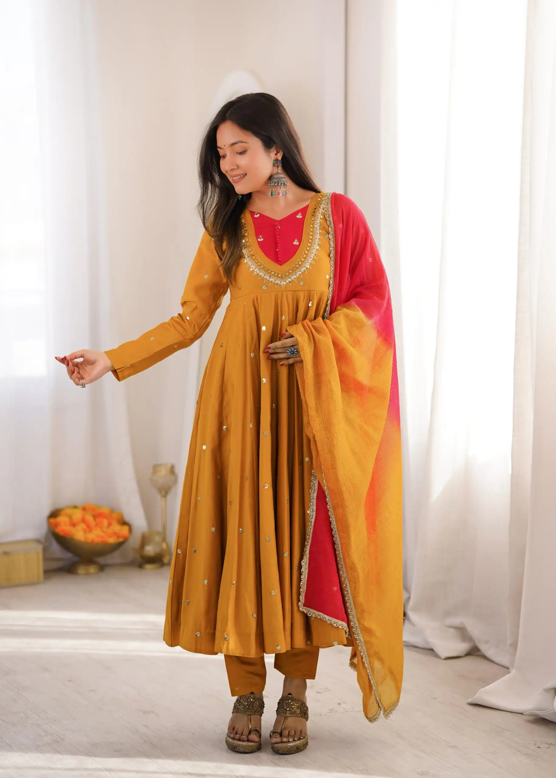 Lovely Mustered Roman Silk Mirror Embroidery Work Gown - Image 3