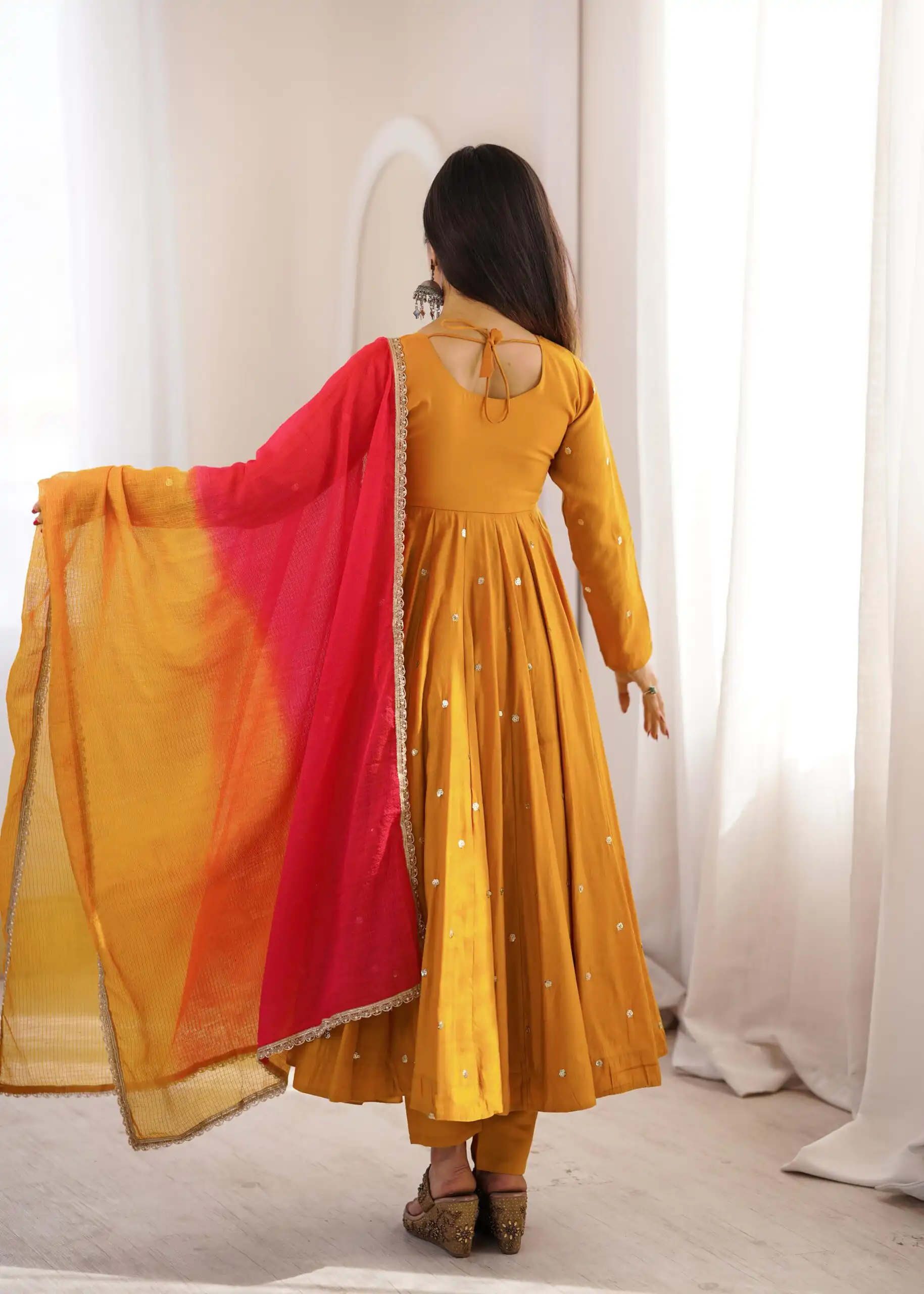 Lovely Mustered Roman Silk Mirror Embroidery Work Gown - Image 10