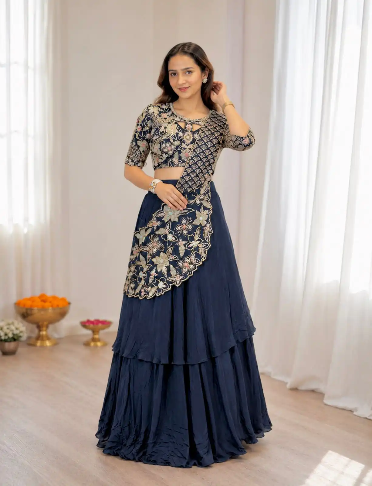 Lovely Nay Blue French Crape Embroidery Work Saree - Image 2