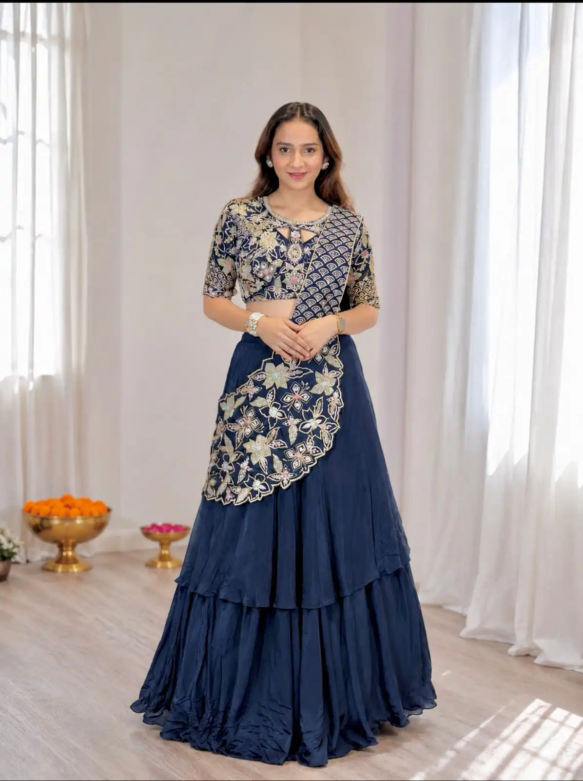 Lovely Nay Blue French Crape Embroidery Work Saree