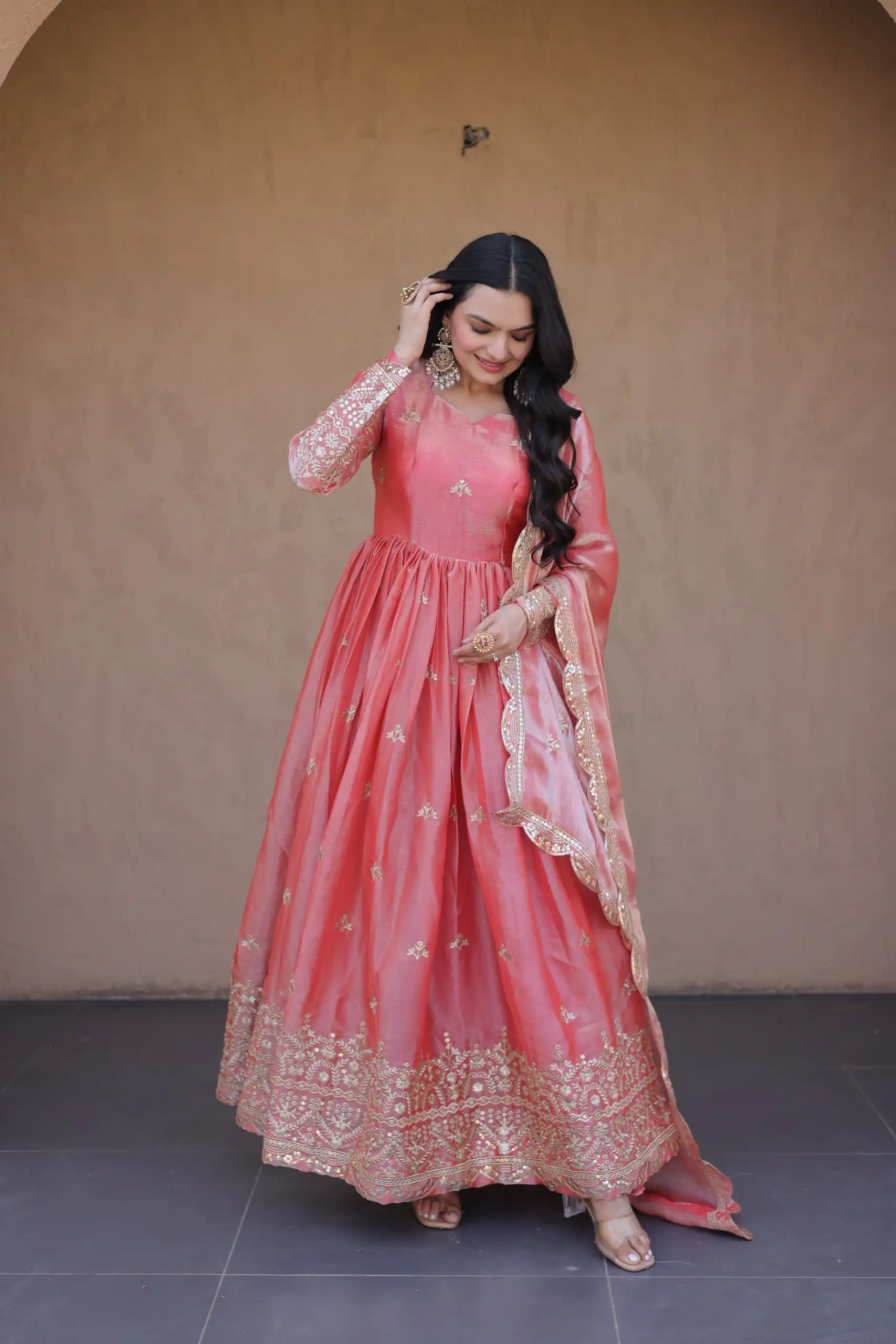 Perfect Gajri Fendi Silk Embroidery Zari Work Gown - Image 4
