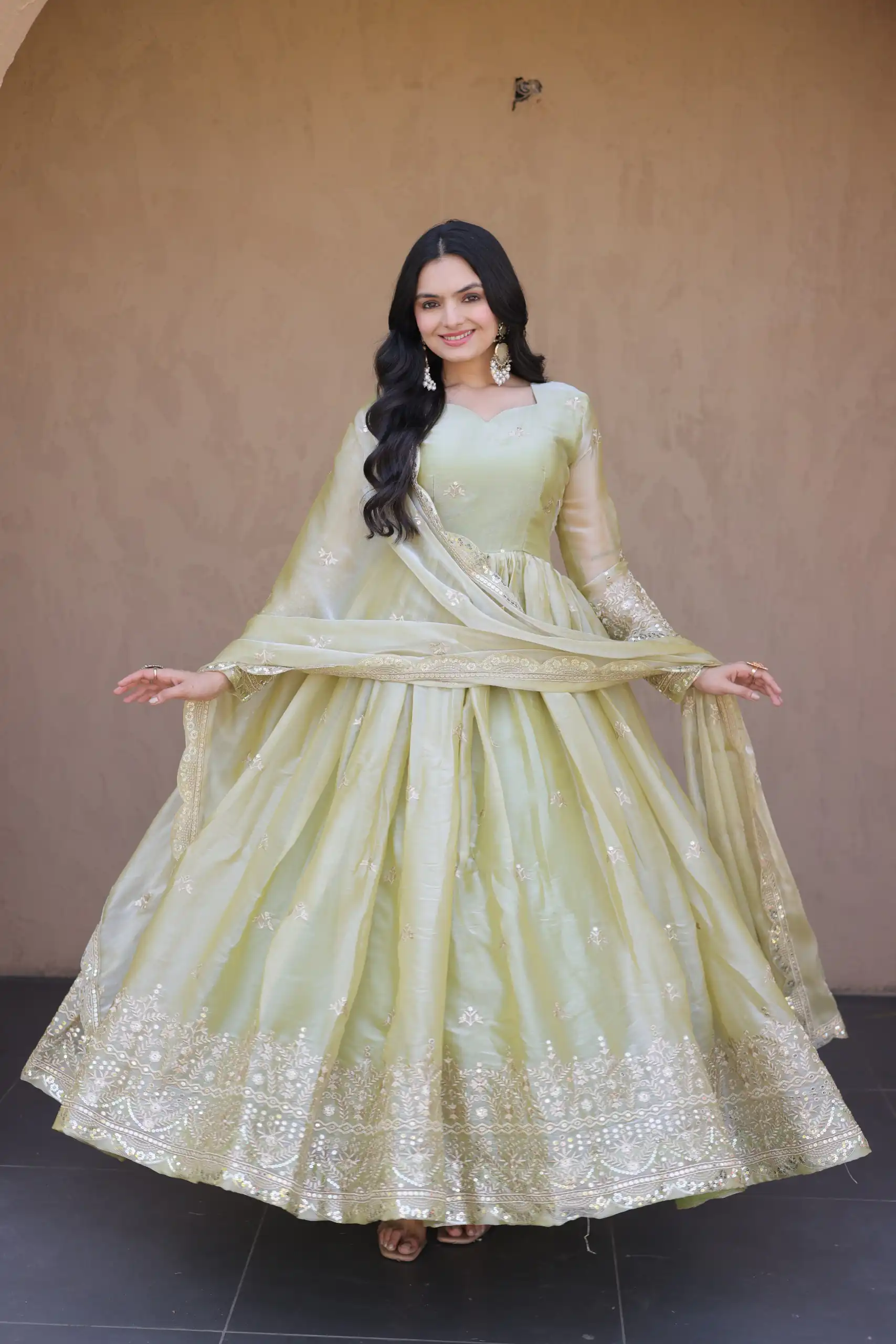 Perfect Light Pista Fendi Silk Embroidery Zari Work Gown - Image 4