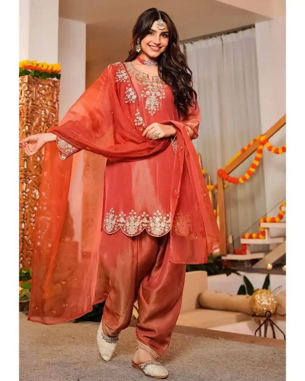 Pretty Orange Fandy Satin Embroidery Work Salwar Suit