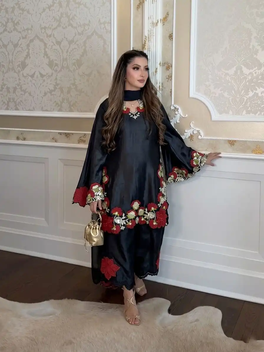 Shiny Black Roman Glass Embroidery Work Salwar Suit - Image 5
