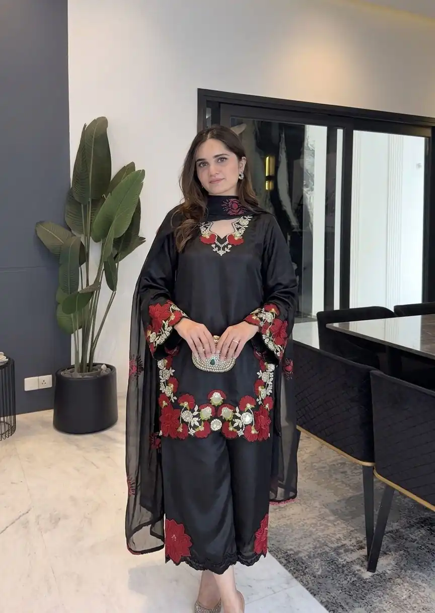 Shiny Black Roman Glass Embroidery Work Salwar Suit - Image 2