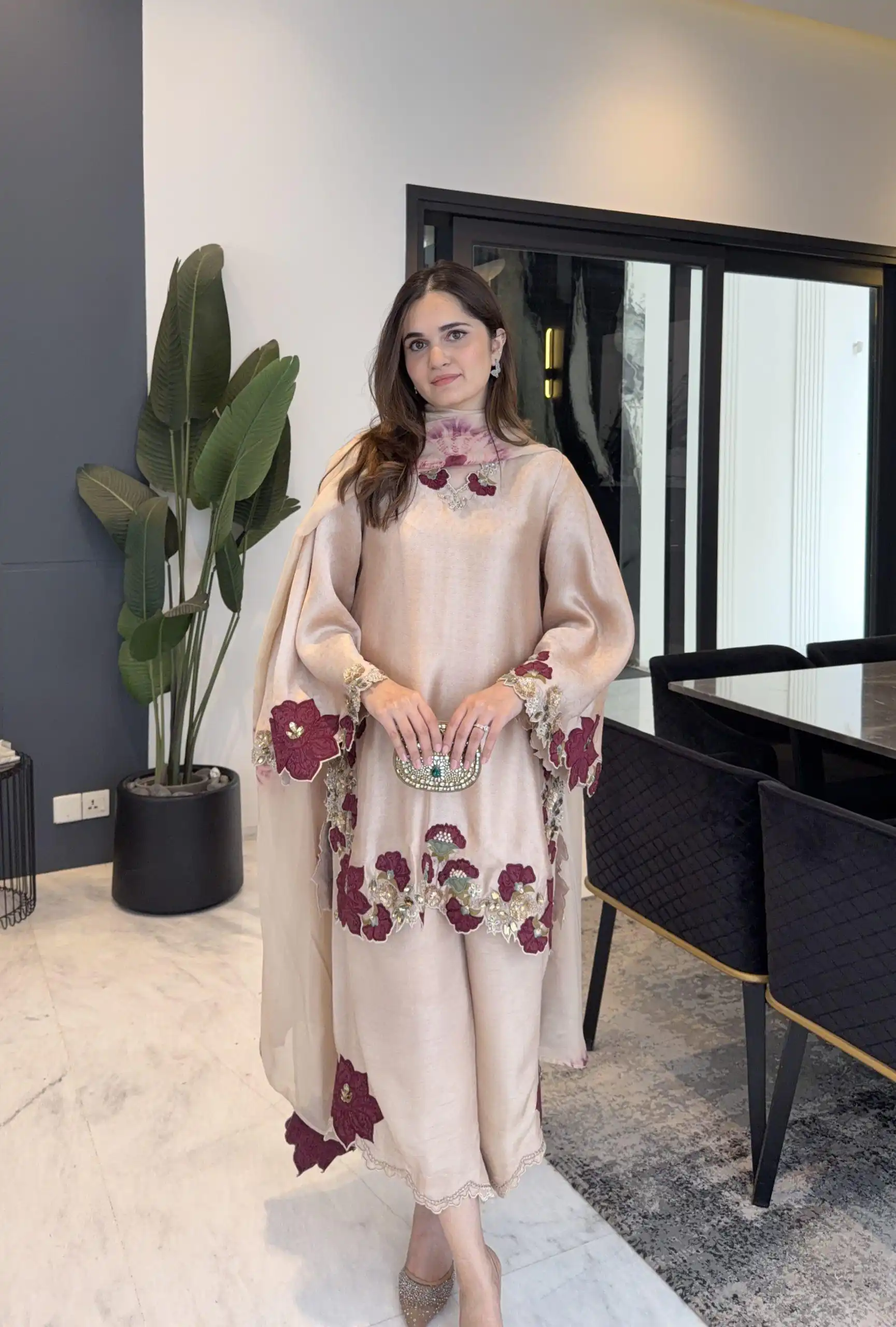 Shiny Light Pink Roman Glass Embroidery Work Salwar Suit