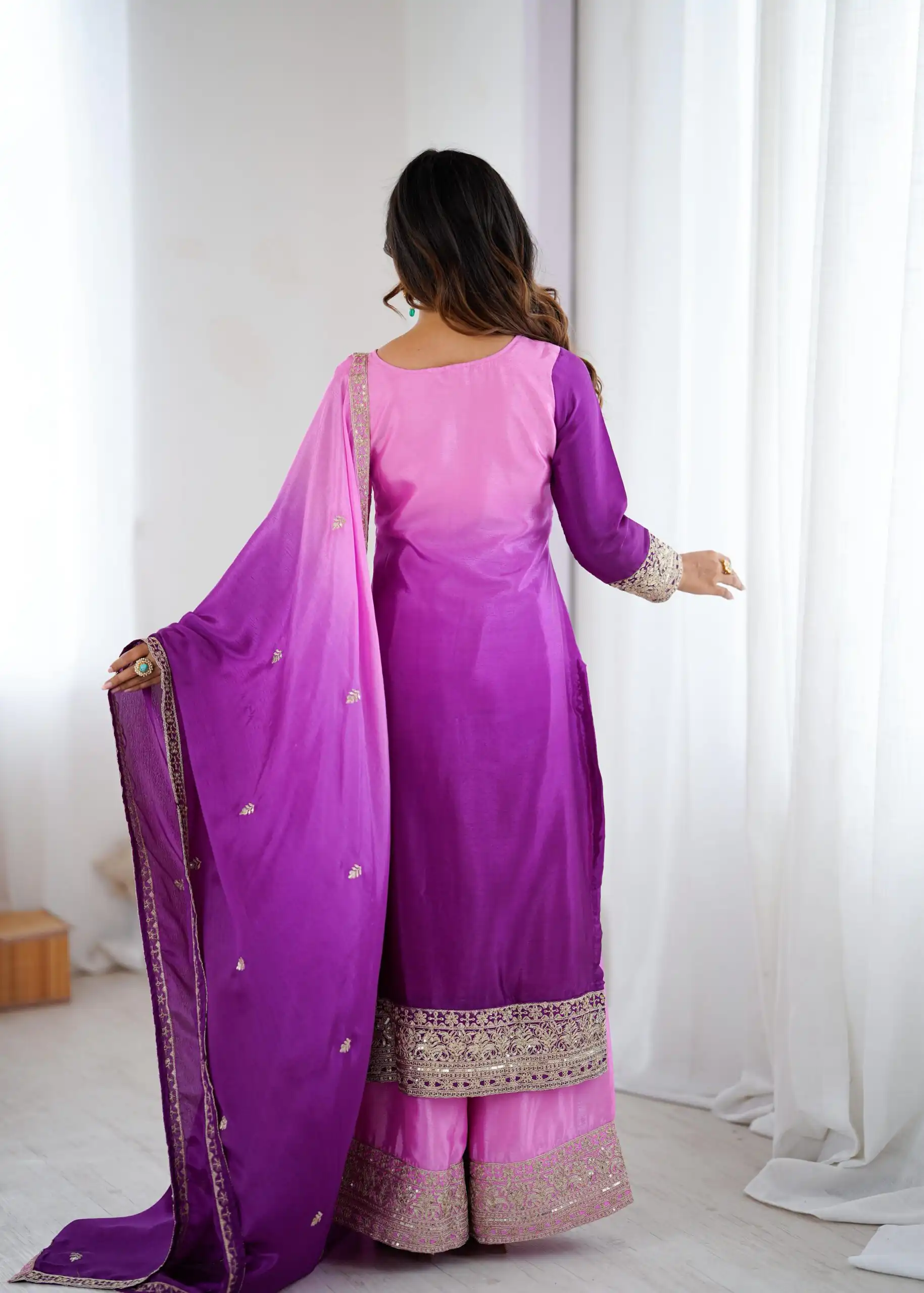 Shiny Purple Shaded Chinon Silk Embroidery Work Salwar Suit - Image 6
