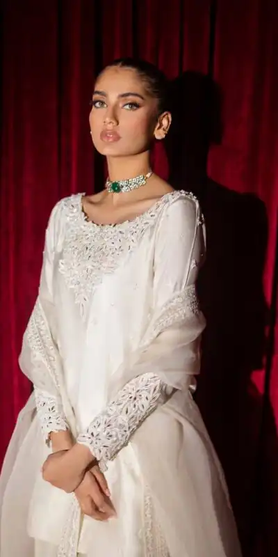 Alternative view of Shiny White Glass Roman Silk Sequence Work Salwar Suit