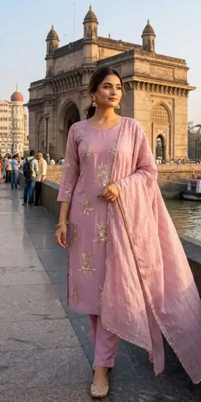 Alternative view of Solid Baby Pink Chinon Embroidery Work Salwar Suit