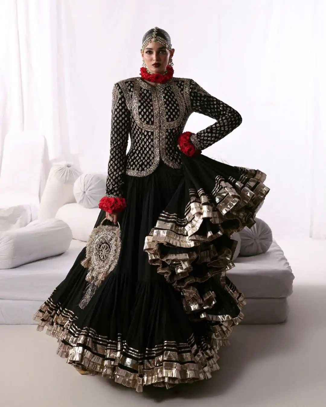 Solid Black Faux Georgette Thread With Sequence Lehenga Choli - Image 2
