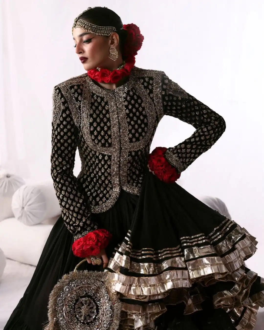 Solid Black Faux Georgette Thread With Sequence Lehenga Choli