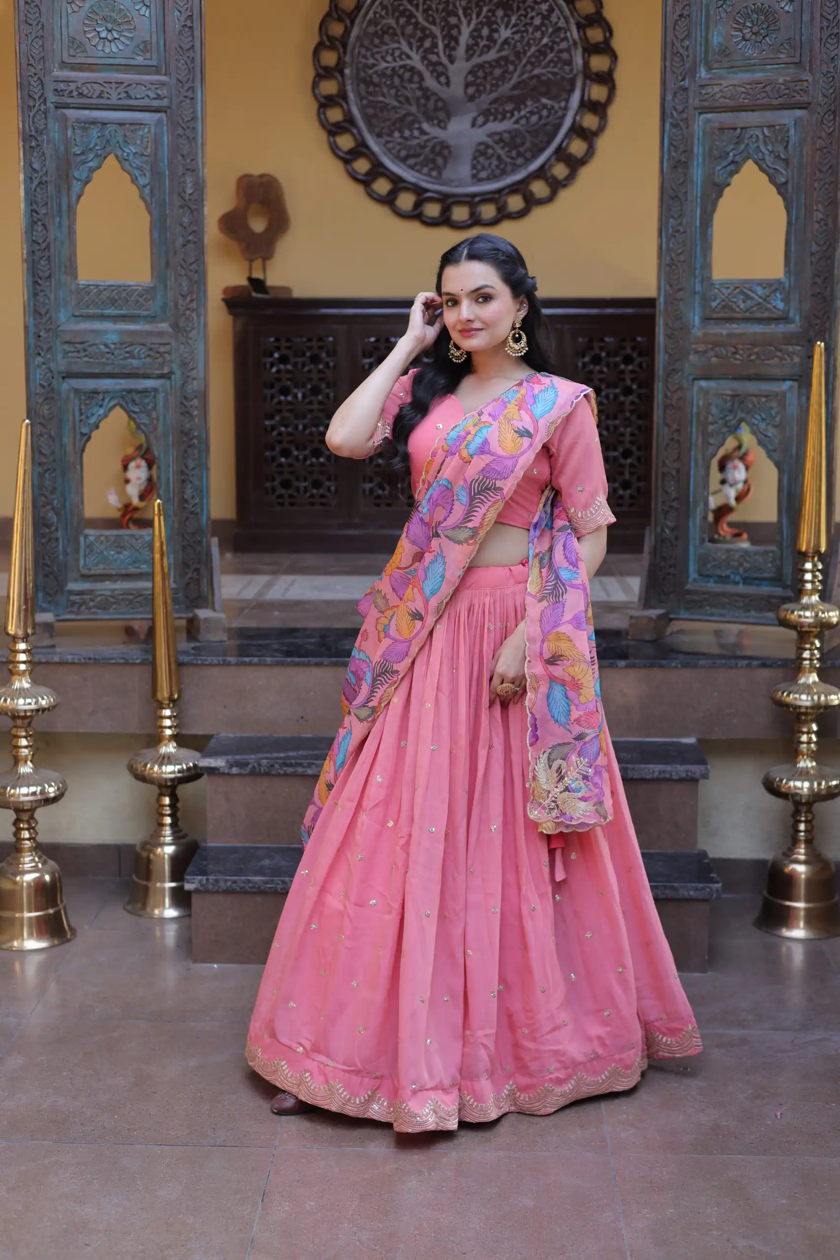 Solid Peach Cosmos Silk Zari Embroidery Work Lehenga Choli - Image 4
