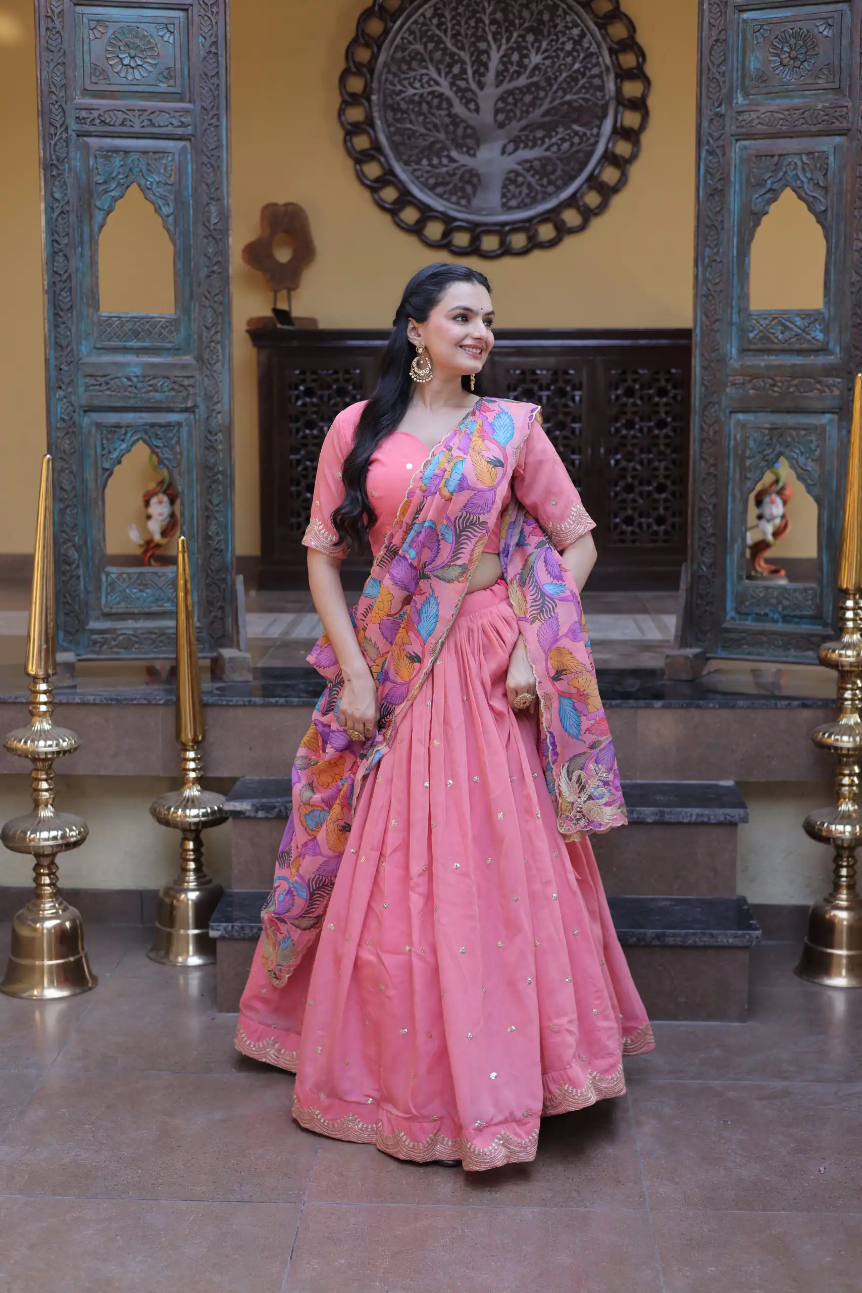 Solid Peach Cosmos Silk Zari Embroidery Work Lehenga Choli - Image 3