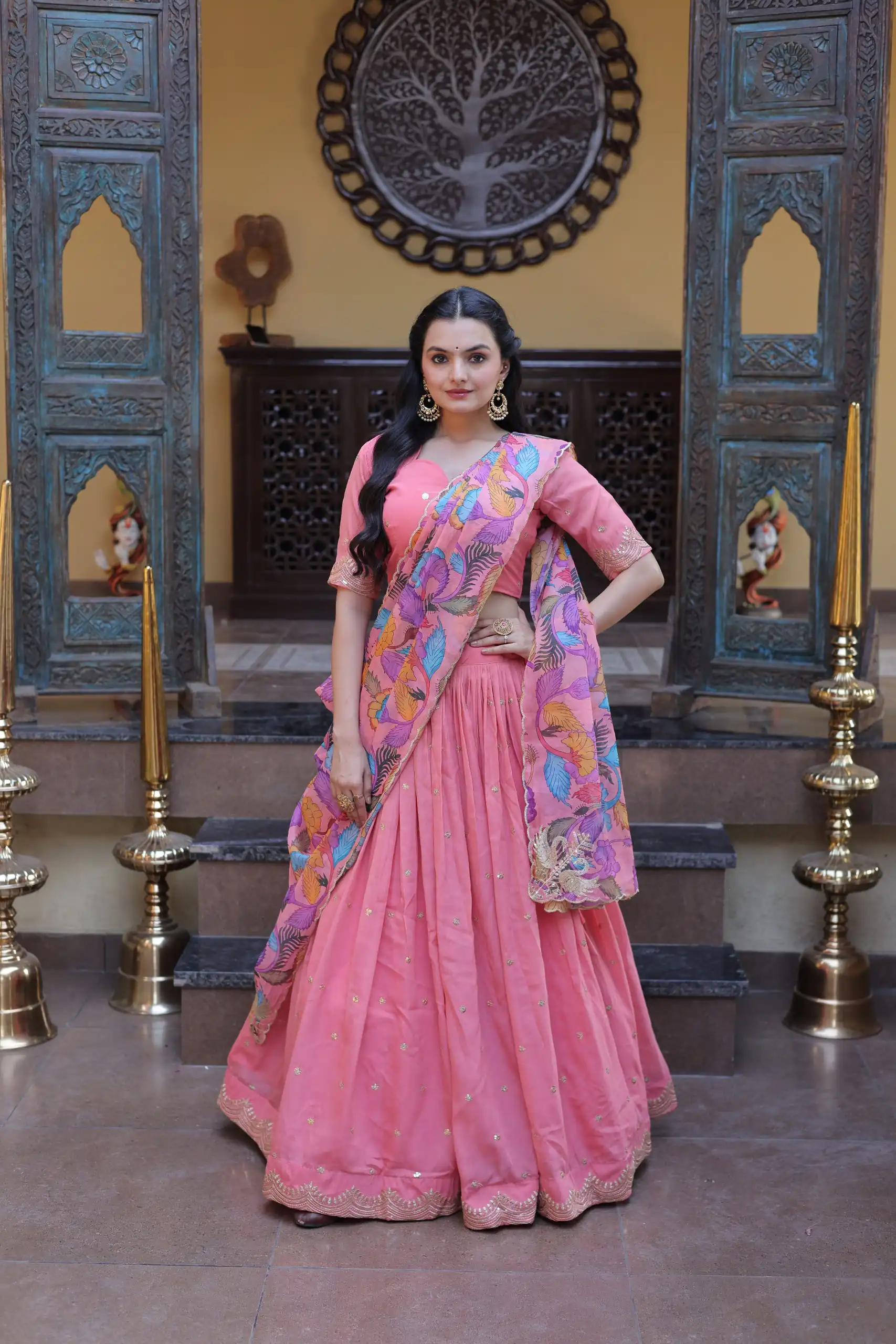 Solid Peach Cosmos Silk Zari Embroidery Work Lehenga Choli