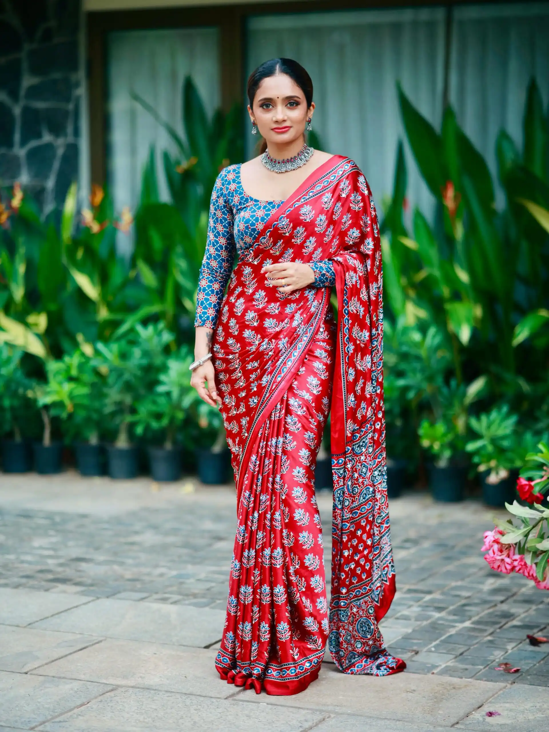 Stunning Red Soft Satin Crap Real Mirror Work Saree
