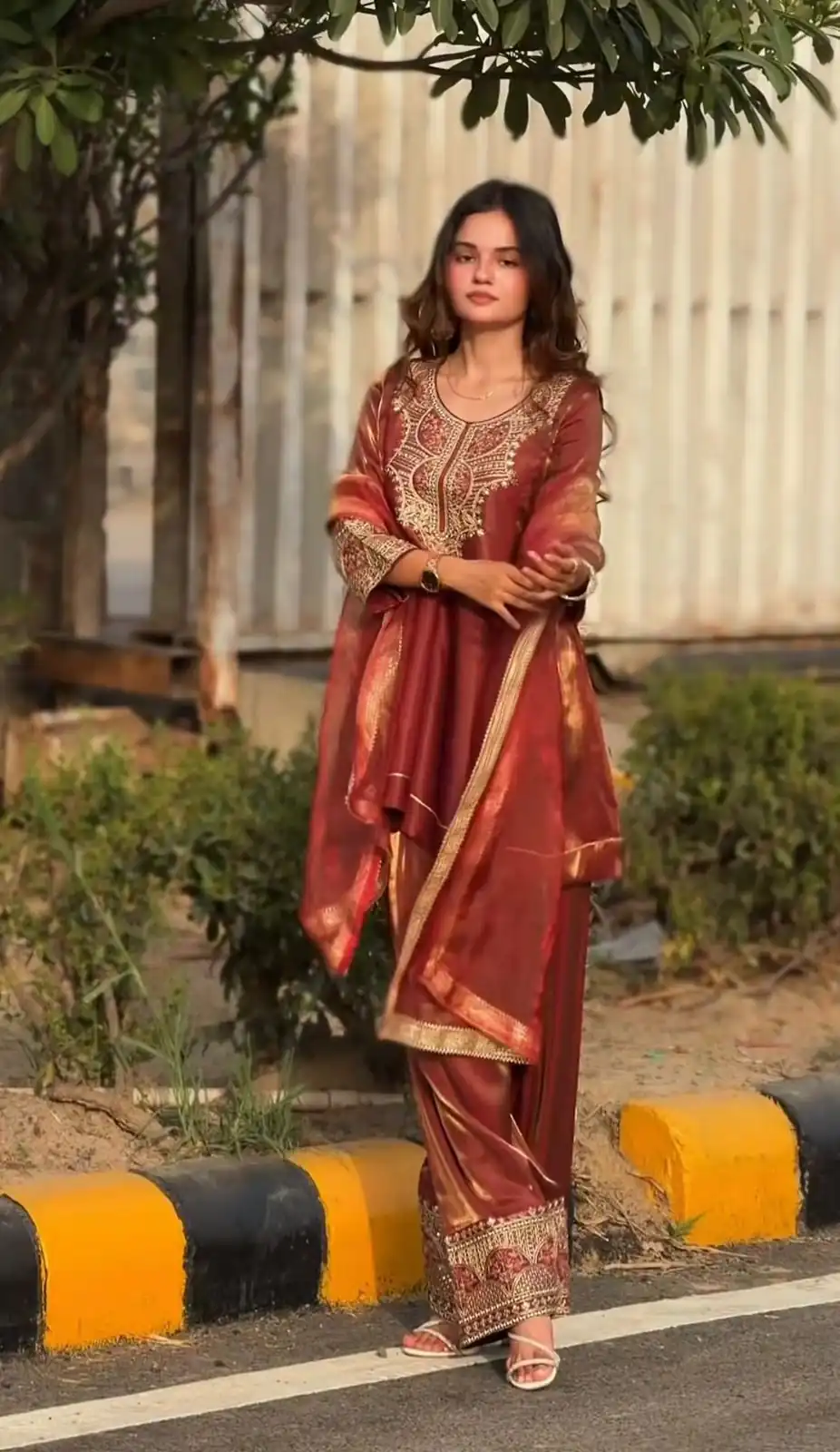 Stunning Rust Fandy Silk Embroidery Work Salwar Suit