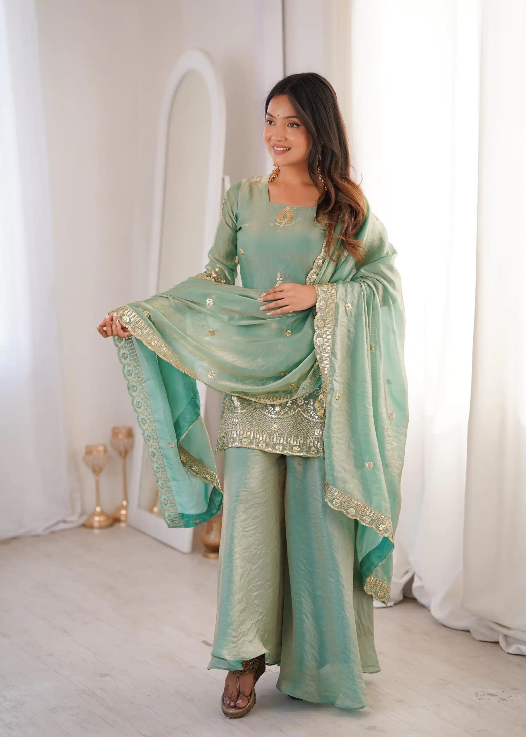 Stunning Sea Green Fendy Silk Embroidery Work Salwar Suit - Image 6